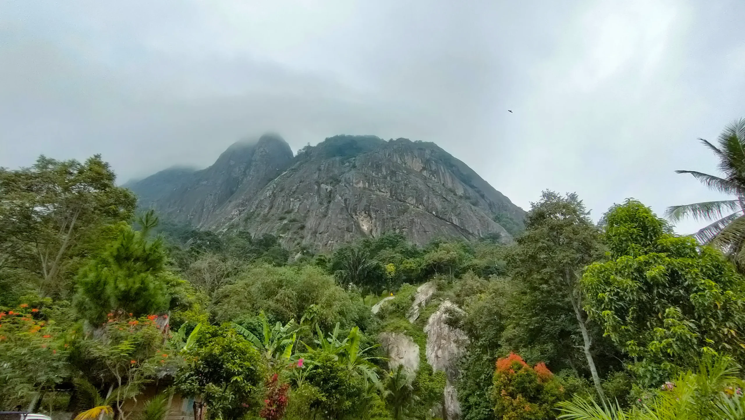 Pemandangan Gunung Parang dan Gunung Badega di Jawa Barat dengan kabut yang menyelimuti tebing batu.