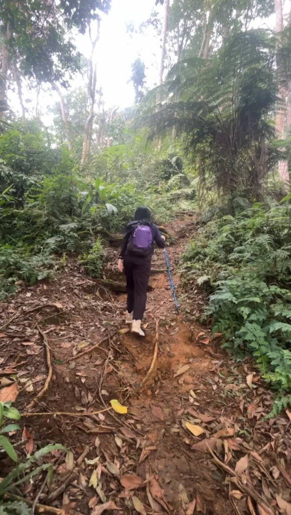 Pendaki melewati jalur tanah menanjak menuju Pos 3 Calobak
